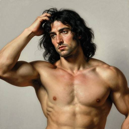 Digital painting of a muscular, shirtless man with long black hair, fair skin, and intense gaze, standing against a plain gray background.