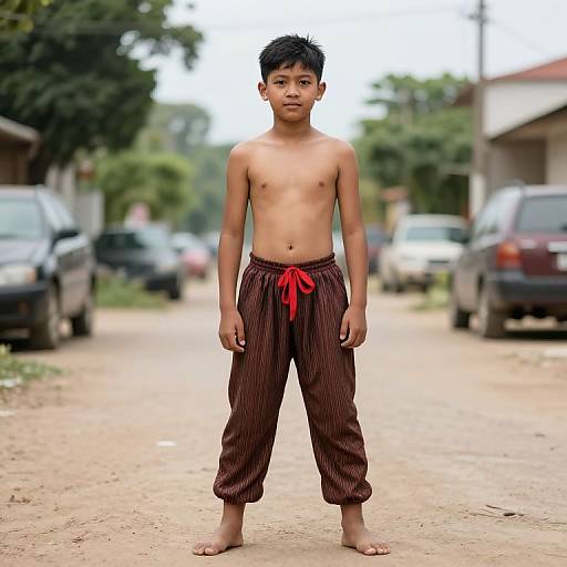Photograph of a shirtless young Asian boy with short black hair, wearing brown pinstripe pants with a red ribbon, standing barefoot on a