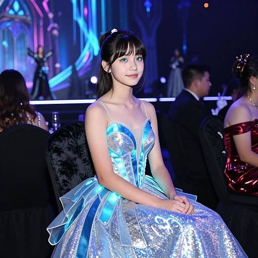 Photograph of a young Asian woman with fair skin and black hair in a glowing, silver-blue, strapless ball gown at a futuristic, neon-l