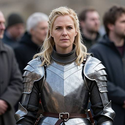 Photograph of a blonde woman in medieval silver armor, standing serious in a blurred group of people, outdoors. Background features indistinct, dark-c