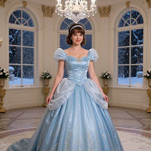 Photograph of a young woman with fair skin and dark brown hair in an elegant blue princess-style ball gown, standing in a grand, snow-covered room