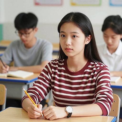 Photorealistic Asian Girl at School Desk