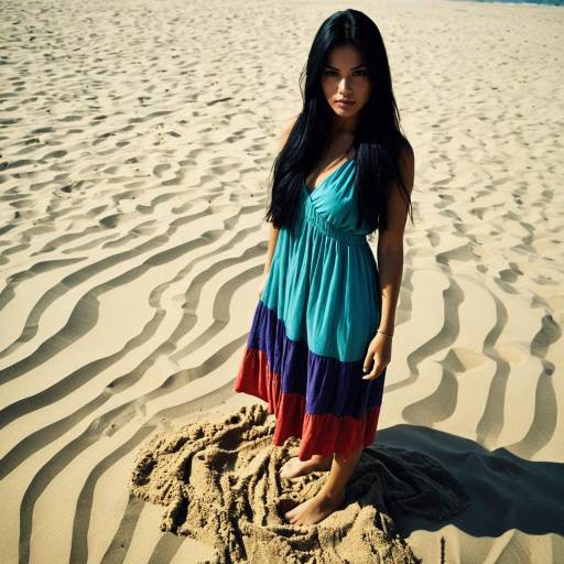 Woman in Multicolored Dress Standing on Beach Sand