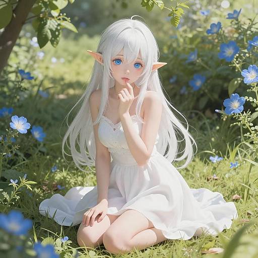 Anime Elf Girl in Lush Garden
