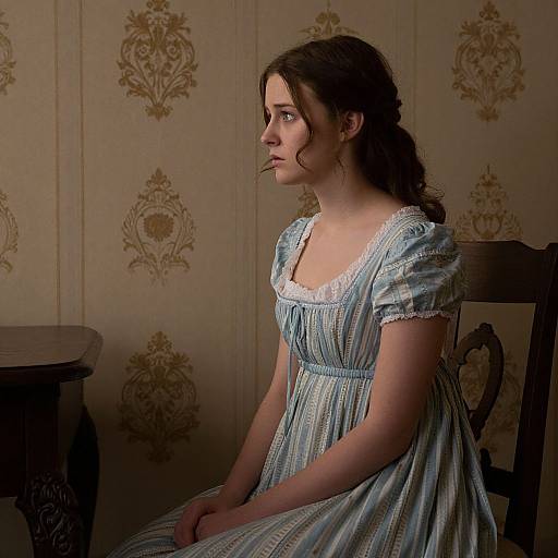 Photograph of a sad young woman with wavy brown hair, wearing a blue striped Victorian dress, seated in a dimly lit room with ornate