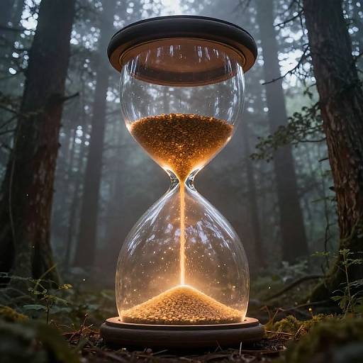 Photograph of a glowing hourglass with golden sand, set on forest floor amidst misty trees, casting ethereal light and shadows.