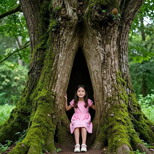 Photograph of a young Asian girl with long black hair, wearing a pink dress and white shoes, standing in a moss-covered tree hollow in a lush