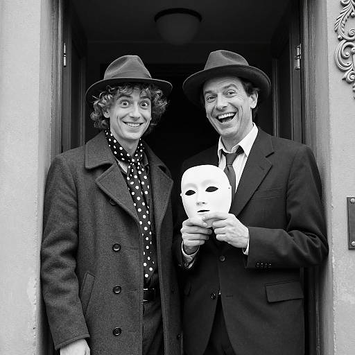 Black and White Portrait of Two Men with Mask
