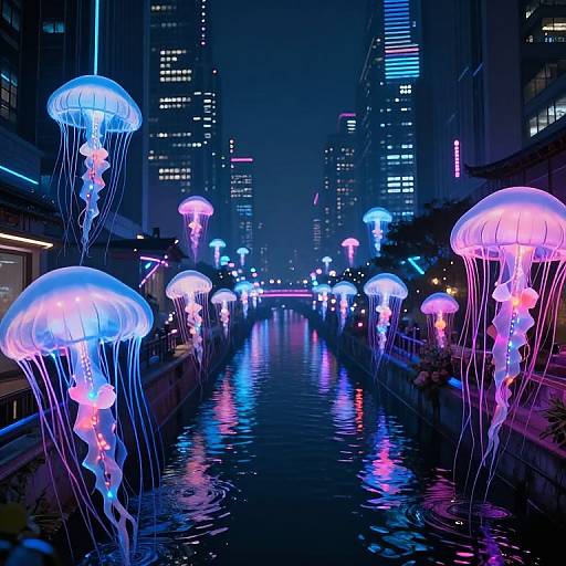 Neon-lit, futuristic city canal at night with glowing blue and pink jellyfish floating in the water, reflecting on skyscrapers. Photoreal