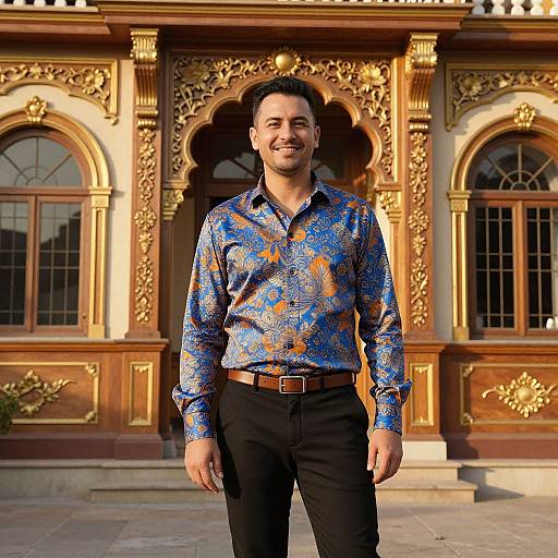 Photograph of a smiling man with short dark hair, wearing a blue and orange patterned shirt and black pants, standing in front of an ornate