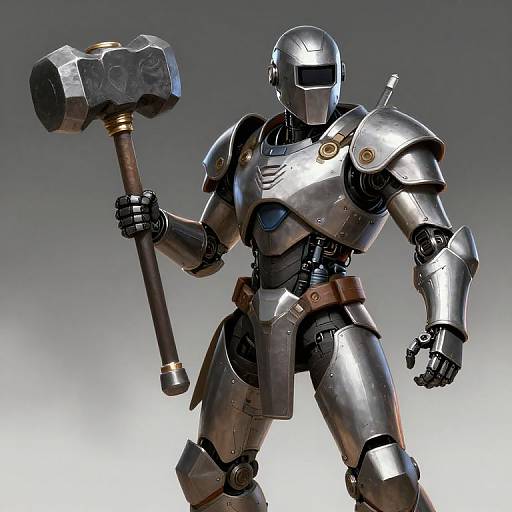 Photorealistic CGI of a silver, armored robot warrior with a helmet, holding a large, metallic hammer, standing against a gradient gray background.