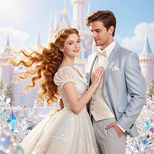 Photograph-style digital art of a smiling fairytale couple with long red hair, white dresses, and light blue suits, standing in front of a