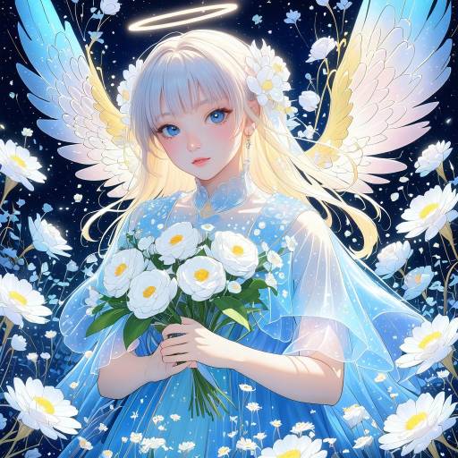 Ethereal Anime Girl with Halo and Flowers