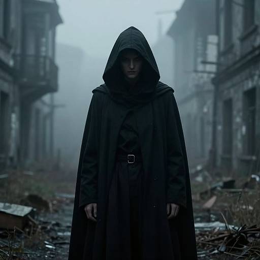 Photorealistic digital art: Mysterious figure in dark hooded cloak stands in foggy, abandoned, ruined building street, with debris on the ground