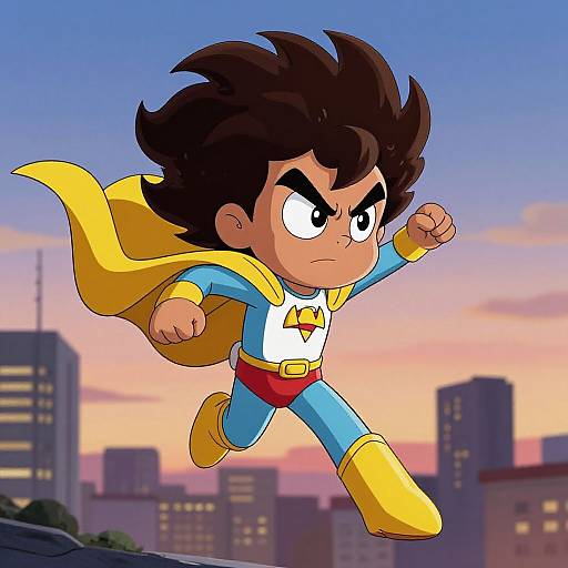 Cartoon-style image of a determined young boy with dark spiky hair, wearing a blue and yellow superhero suit, leaping mid-air against a sunset