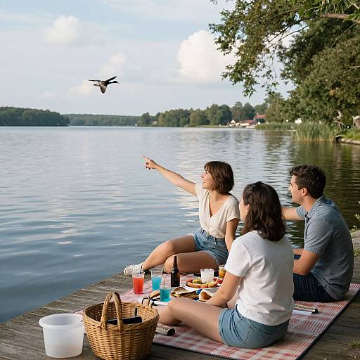 Photograph of three casually dressed young adults, two women and one man, sitting on a wooden dock, pointing at a flying bird over a calm lake