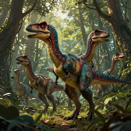 Photorealistic CGI of four colorful, striped Velociraptors with red and blue patterns, standing in a sunlit, dense, green forest.