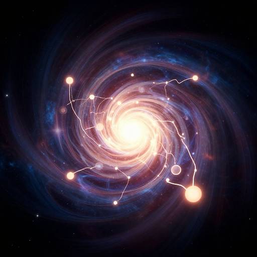Digital artwork of a bright, glowing spiral galaxy with white dots and lines representing stars and celestial connections against a dark, starry background.