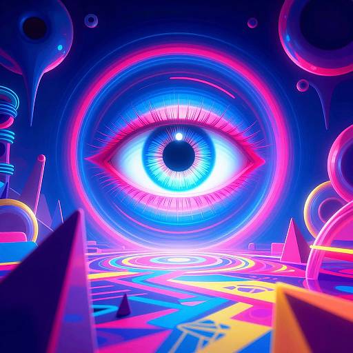 Digital artwork of a glowing, neon blue and pink eye centered in a futuristic, abstract space with vibrant, circular patterns and geometric shapes.