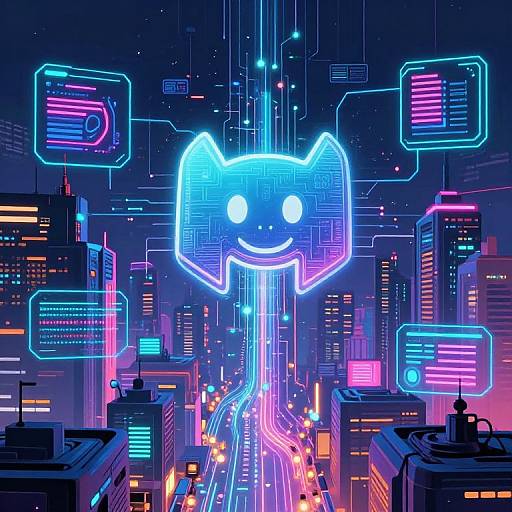 Neon-lit cybercityscape with glowing, digital cat face in the sky, surrounded by neon signs, futuristic buildings, and vibrant, colorful lights