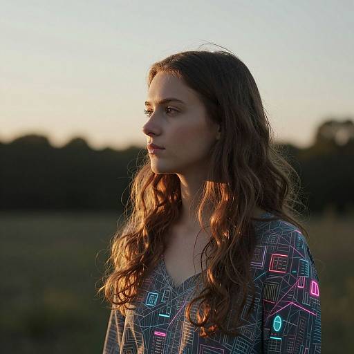 Photograph of a young woman with wavy brown hair, wearing a geometric-patterned, glowing blue and pink shirt, silhouetted against a