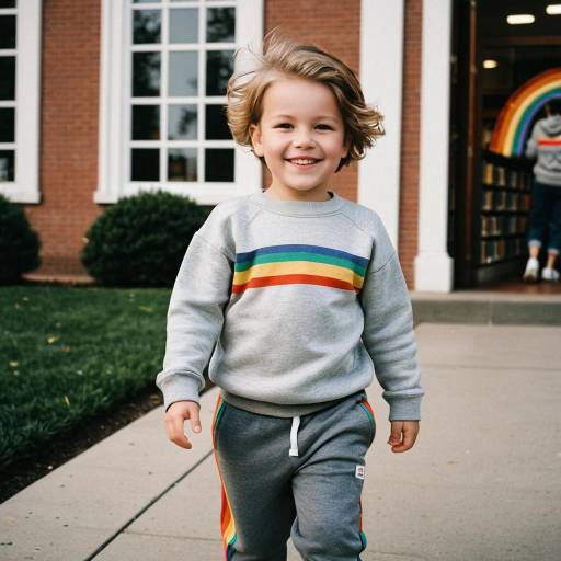 Smiling toddler boy in rainbow outfit near library