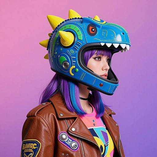 Photograph of a woman with purple hair wearing a colorful, dinosaur-themed helmet and brown leather jacket, set against a pink-purple gradient background.