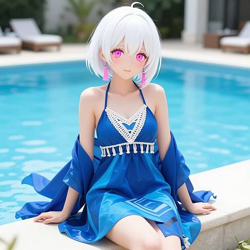 Anime-style digital artwork of a white-haired girl with pink eyes, wearing a blue halter dress with white lace, sitting poolside.