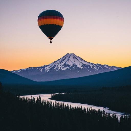 Hot Air Balloon Over Cascade Mountains at Sunset