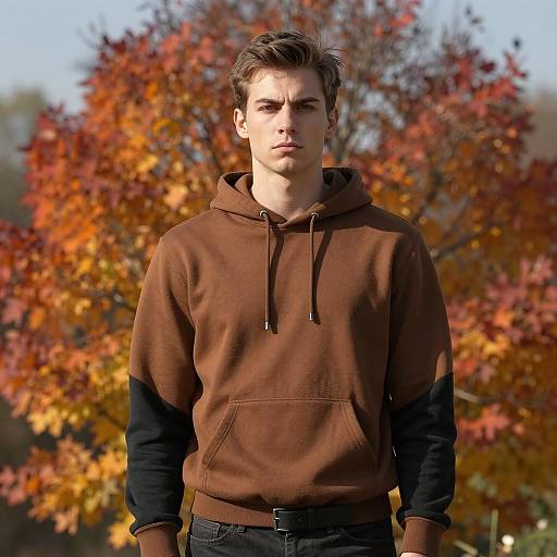 Young Man in Brown Hoodie with Autumn Leaves Background