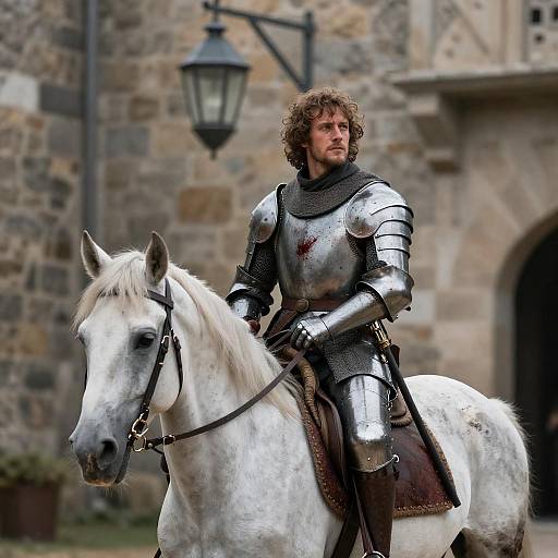 Rugged Curly-Haired Knight on White Steed