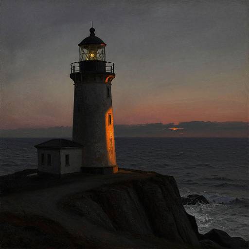 Photograph of a solitary lighthouse silhouetted against a twilight ocean horizon, with warm light glowing on its side and sunset colors in the sky
