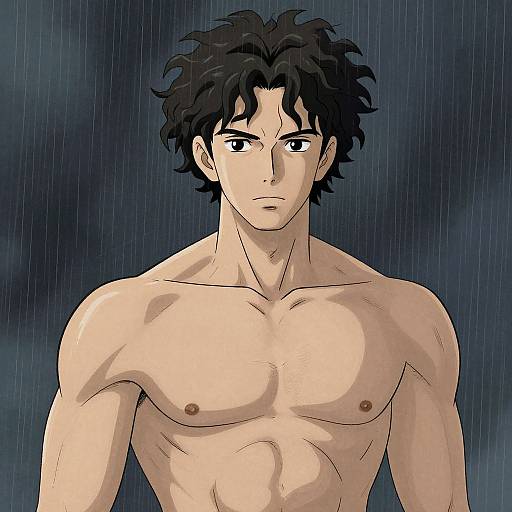 Digital anime-style drawing of a shirtless, muscular young man with black, wavy hair and intense eyes, standing in the rain.