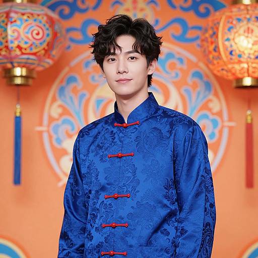 Photograph of an Asian man with messy black hair, wearing a blue floral-patterned Chinese button-up shirt, standing in front of an orange, orn