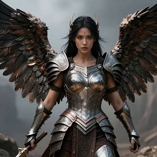 Digital artwork of a fierce, dark-haired angelic warrior with black wings, wearing intricate silver armor, standing in a misty, rocky landscape.