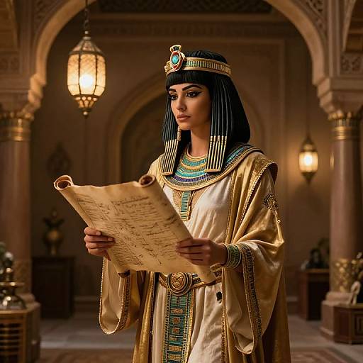 Photorealistic CGI of an ancient Egyptian queen with dark blue hair, gold and turquoise robes, holding a scroll, standing in a dimly lit,