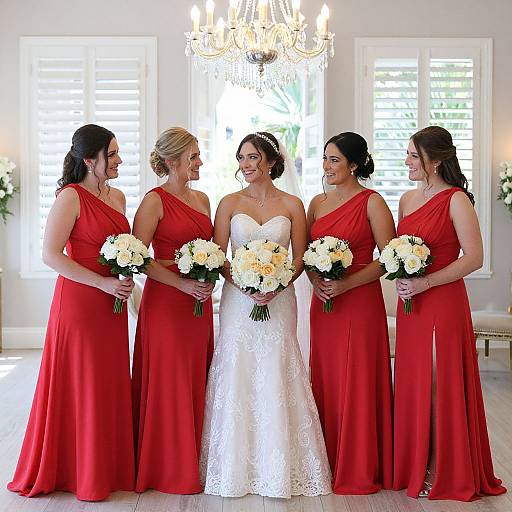 Photograph of five women standing in a bright, elegant room; bride in white lace gown, four in red dresses, holding white and yellow bouquets