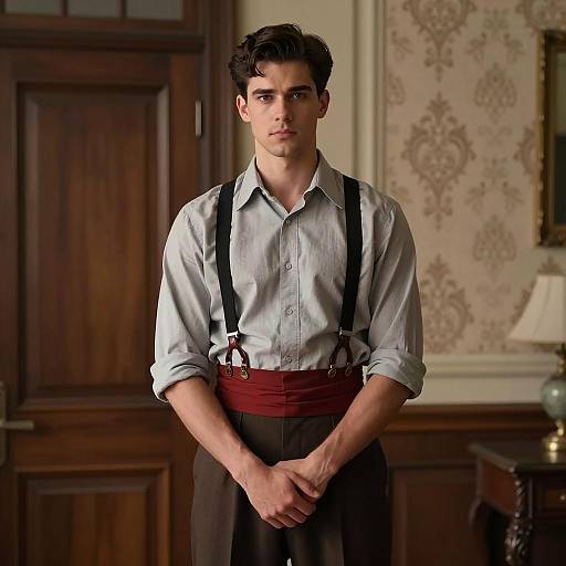Young Man in Vintage Outfit with Suspenders