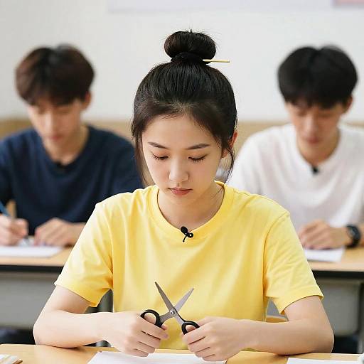 Girl Trimming Hair Indoors With Boys