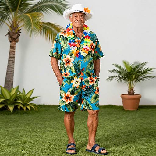 Muscular Elderly Man at Hawaiian Party