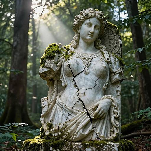 Photograph of a cracked, moss-covered, classical-style stone statue of a serene woman with wavy hair, standing in a sunlit forest.