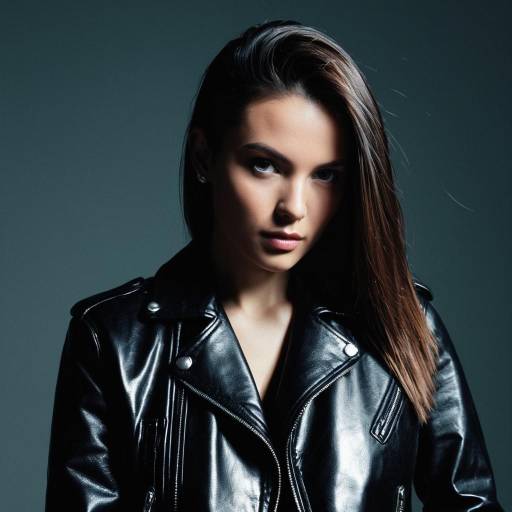 Young Woman in Leather Jacket with Pin Straight Hairstyle