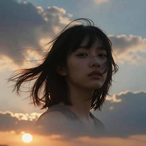 Photograph of an Asian woman with black, wind-swept hair, silhouetted against a sunset sky with dramatic clouds, wearing a sleeve
