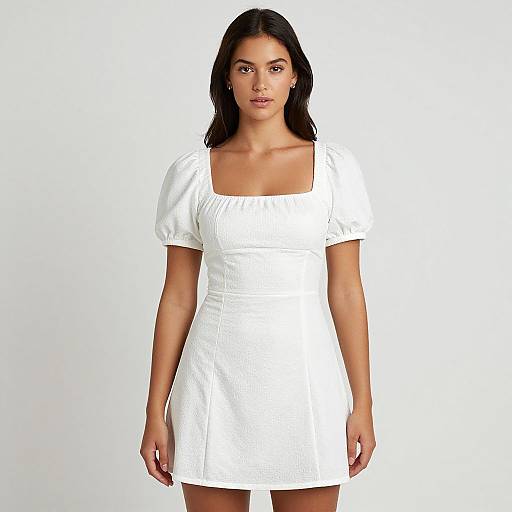 Photograph of a young woman with medium brown skin, black shoulder-length hair, wearing a white, short-sleeved, square-neck dress against a