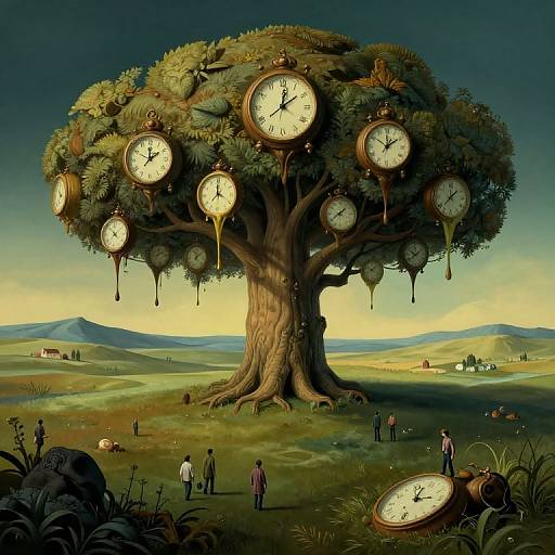 Surreal digital painting of a giant tree with multiple clocks as leaves, standing in a lush, rolling countryside, people walking below.