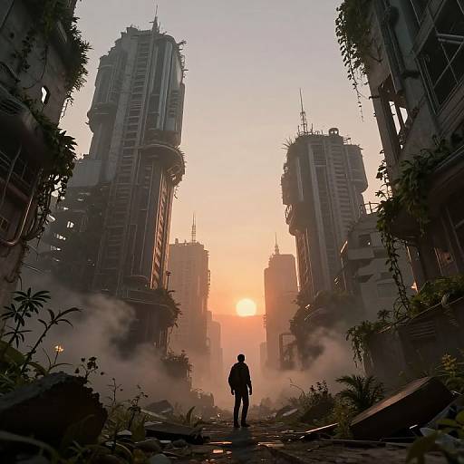 Digital artwork: Silhouetted figure stands in a foggy, ruined cityscape at sunset, with tall, damaged skyscrapers on either side