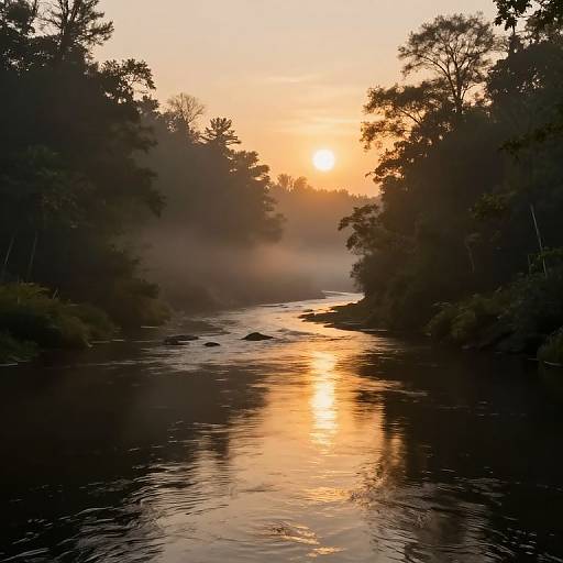 Photograph of a serene forest river at sunset, with golden sunlight reflecting on calm water, surrounded by misty trees silhouetted against the orange