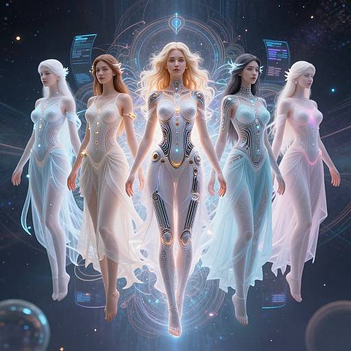 Digital CGI of five ethereal, glowing, white-clad women with flowing hair, floating in space, surrounded by technological patterns. Central woman in futuristic