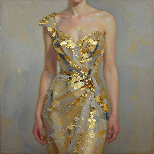Photorealistic oil painting of a slender woman in a gold and silver metallic, one-shoulder, strapless dress against a muted gray background.