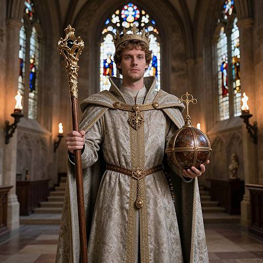 Photograph of a young man in ornate medieval bishop attire, holding a golden staff and orb, standing in a dimly lit, stained glass cathedral